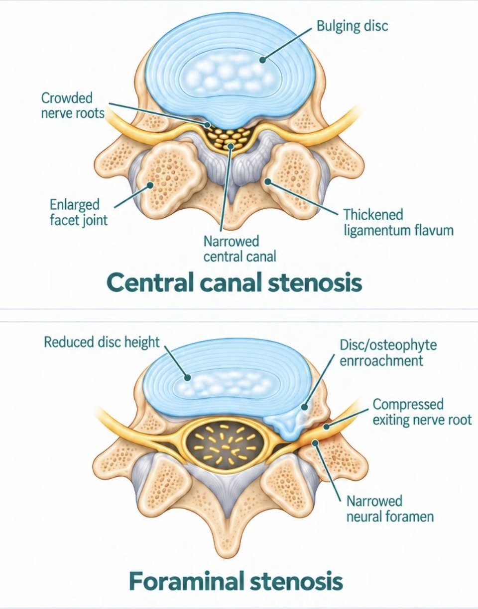 Central canal stenosis and foraminal stenosis, seen from above